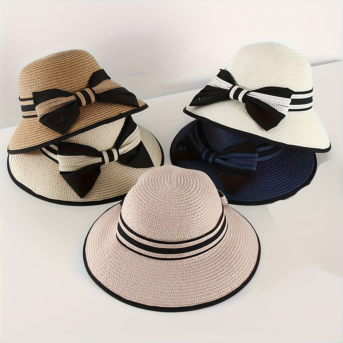 1pc Women'S Wide Brim Straw Sun Hat with Black Bow - Breathable Polyester, Elegant Striped Design, Perfect for Beach, Casual Outings & Sunny Days | Stylish Outdoor Accessory | Lightweight & Non-Feathere