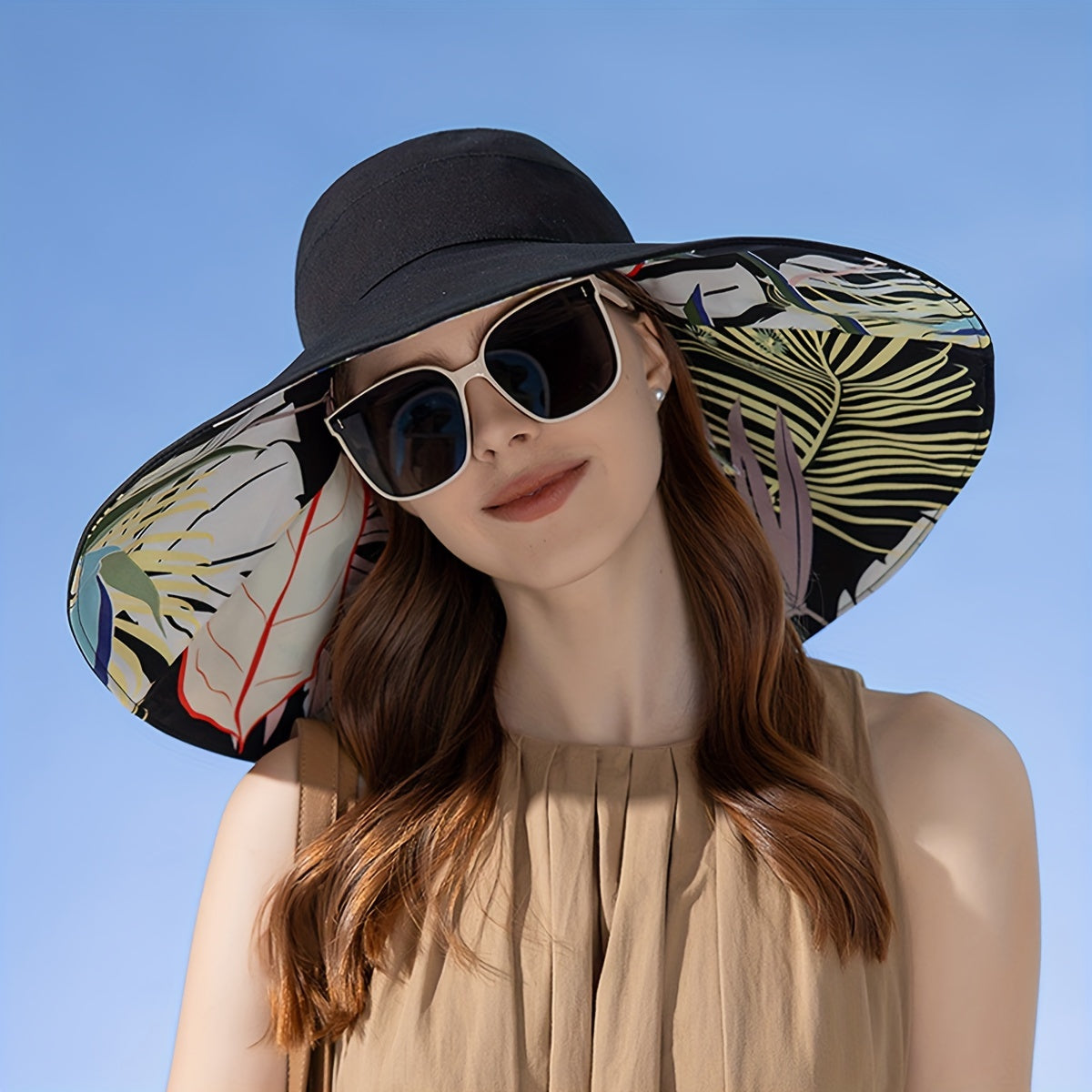 1pc Women's Reversible Wide Brim Sun Hat - Tropical Floral Design, Pink & Blue/Green Color Scheme, Breathable Polyester with Windproof Rope, Lightweight & Stylish for Beach, Outdoor, and Everyday Fashion