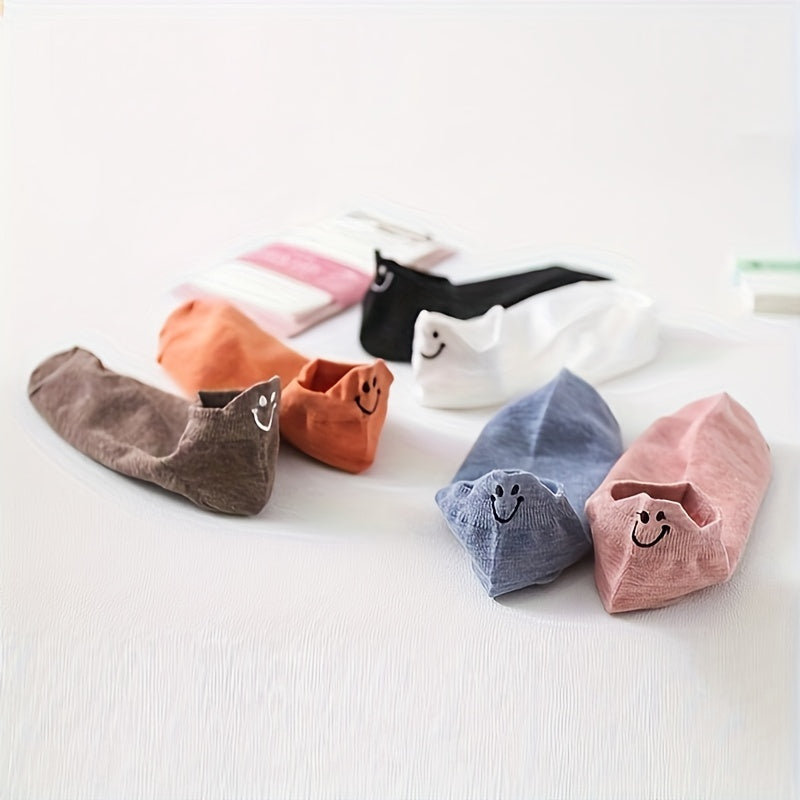 10 Pairs Women'S Candy-Colored Embroidered Smile Socks, 100% Polyester, Knit Fabric, Short Crew Length, Solid Color, Hand Wash - JingQi