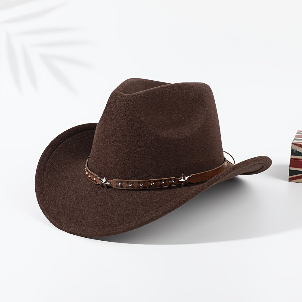 1pc Classic Wide Brim Cowboy Hat for Women, Unisex Western Hat with Star Belt Accessory, Polyester Fiber, Elastic, Lightweight, Felted Craftsmanship, No Feather, Party Cosplay Gift - Black Reinforced Hard Hat Support, Carnival/Mardi Gras/Masquerade