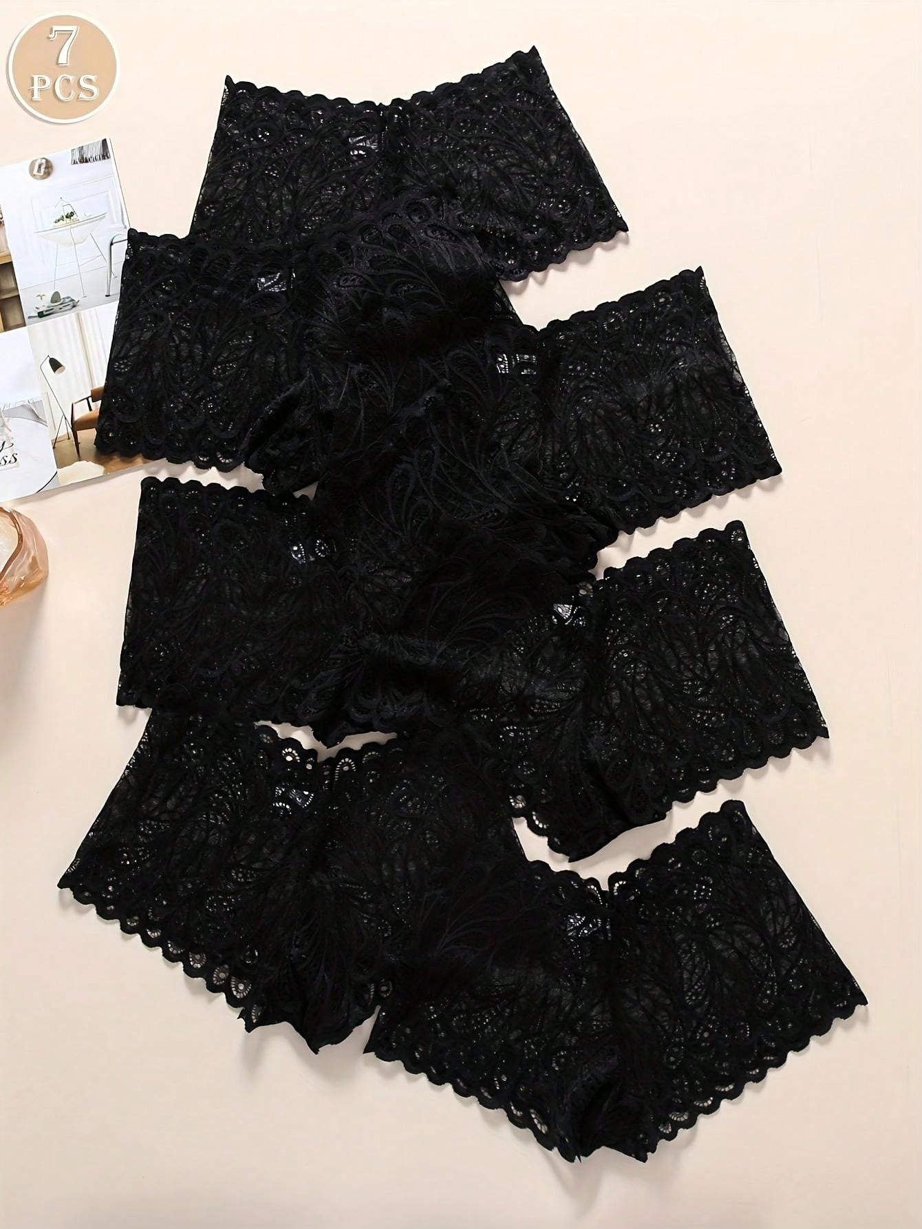 7pcs Women Sexy Black Lace Boyshort Panties Breathable Stretchy Sexy Intimates Panties For Women's Lingerie And Underwear