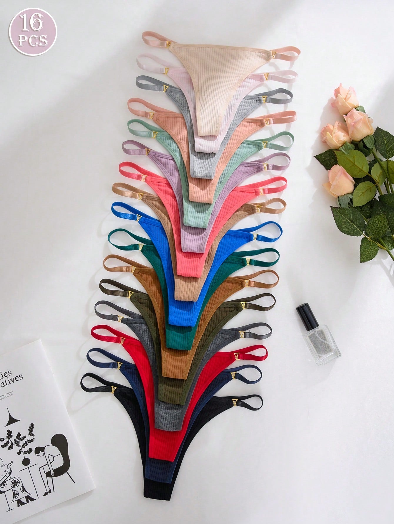 16pcs/Set Women's Metallic Button Decor Textured G-String Sexy Panties