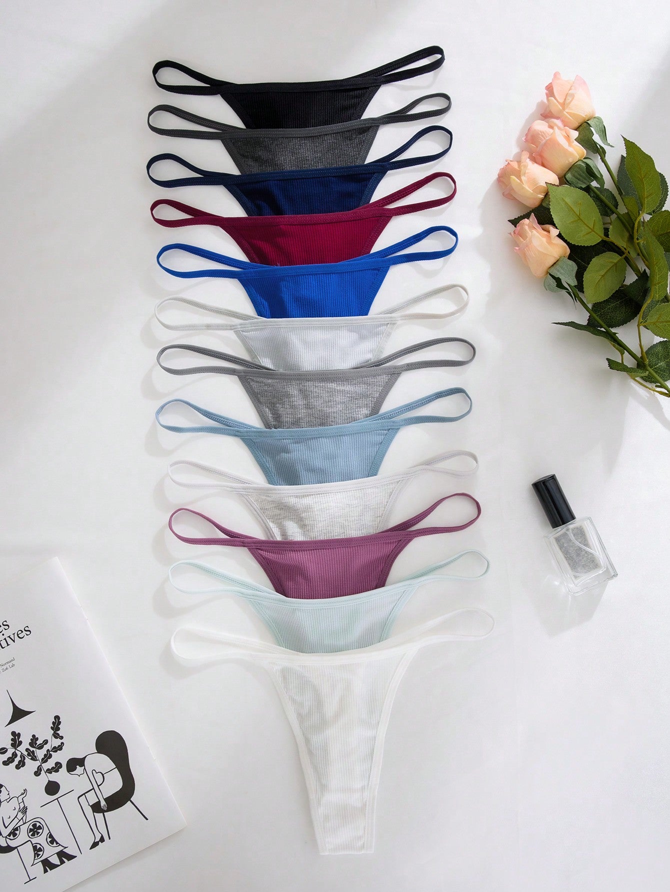 12pcs Women Assorted Color Ribbed G-String Panties