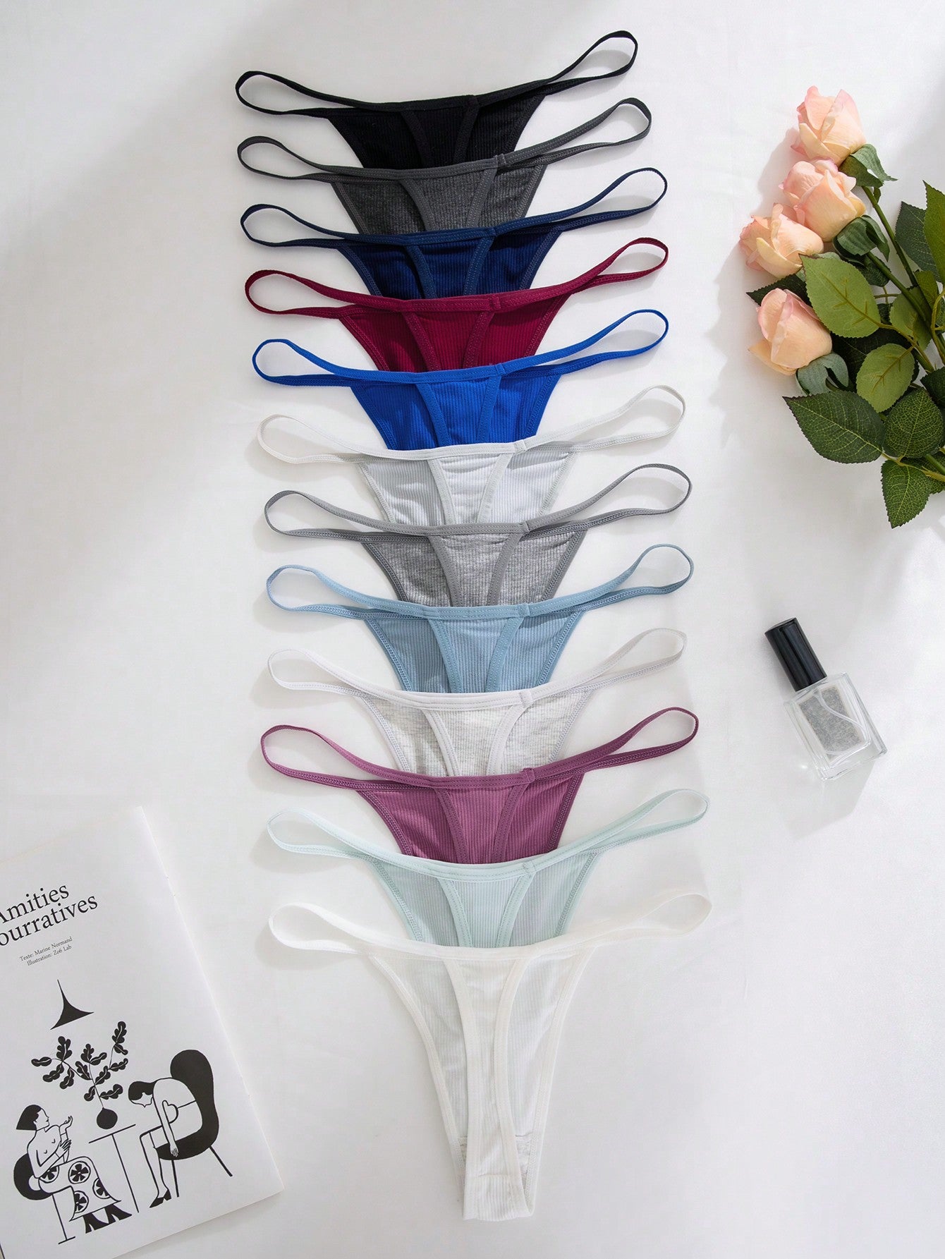 12pcs Women Assorted Color Ribbed G-String Panties