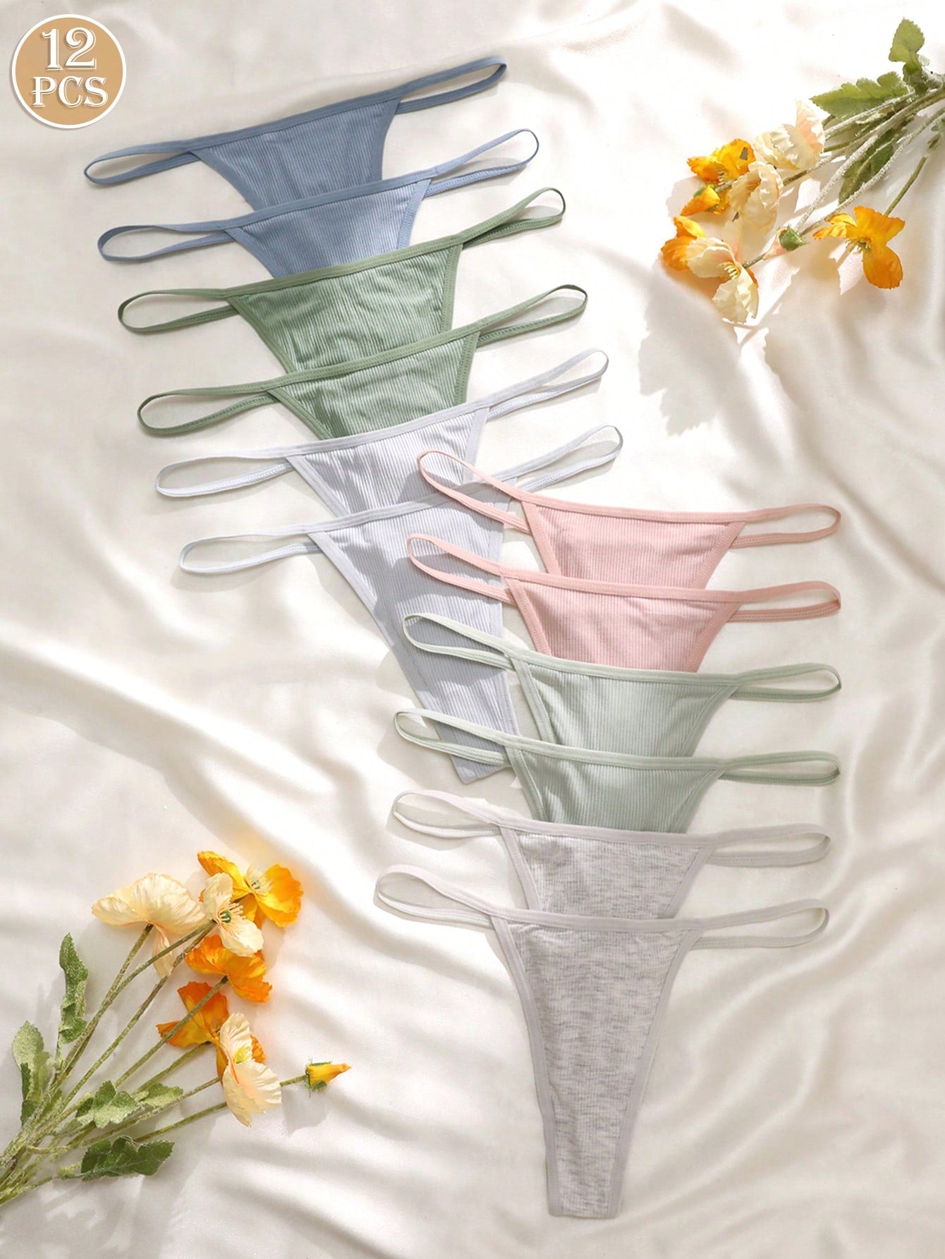 12pcs Women Assorted Color Ribbed G-String Panties