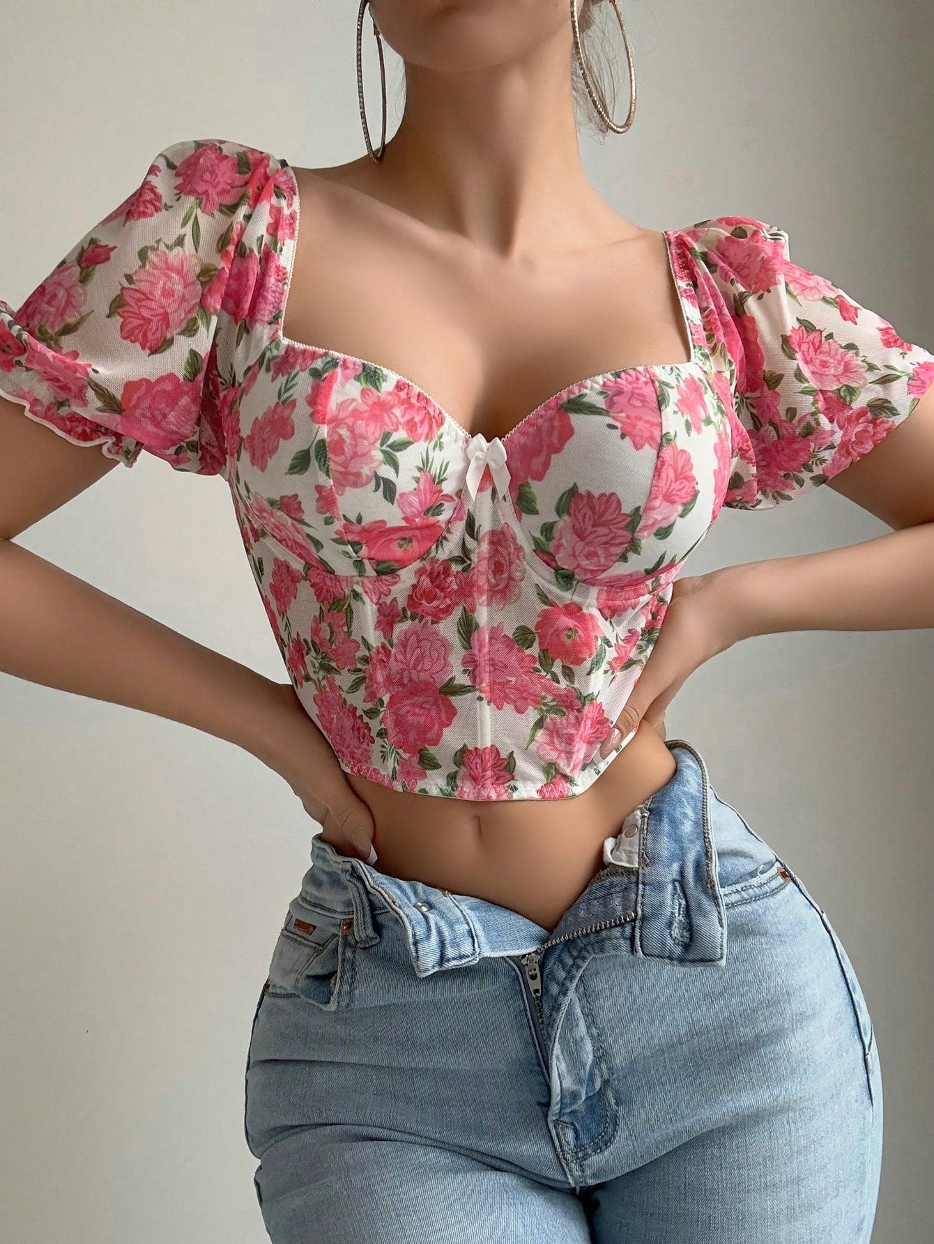 1pc Women Romantic Puff Sleeve Fishbone Underwire Lingerie Top