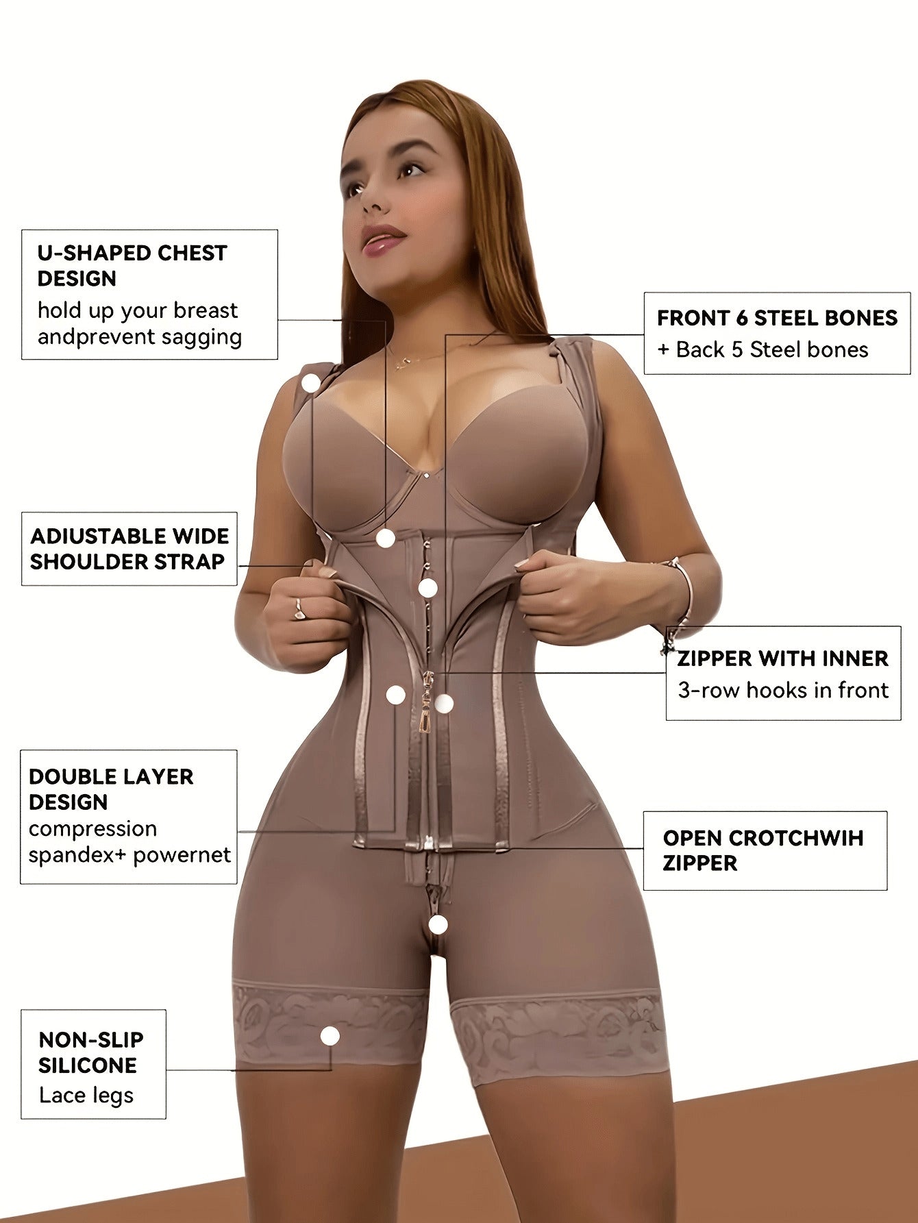 1pc Colombian Fajas Women Tummy Control V-Neck Shapewear Butt Lifter Thigh Slimming Zipper Hip Enhancer High Compression Full Body Shaper Underwear