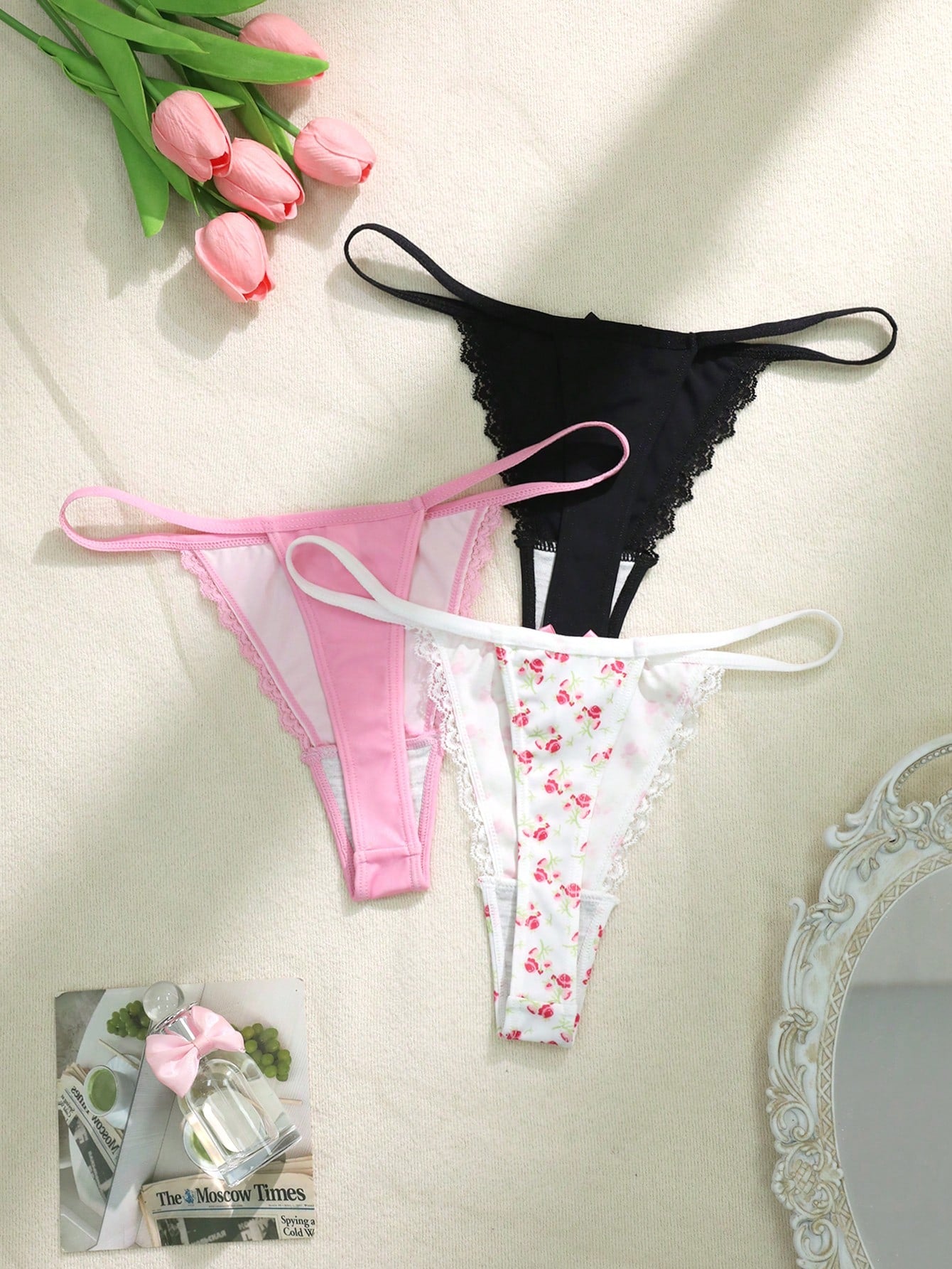 Snug Zone 3pcs/Set Women's Bow Lace Patchwork Floral Print Thong Panties