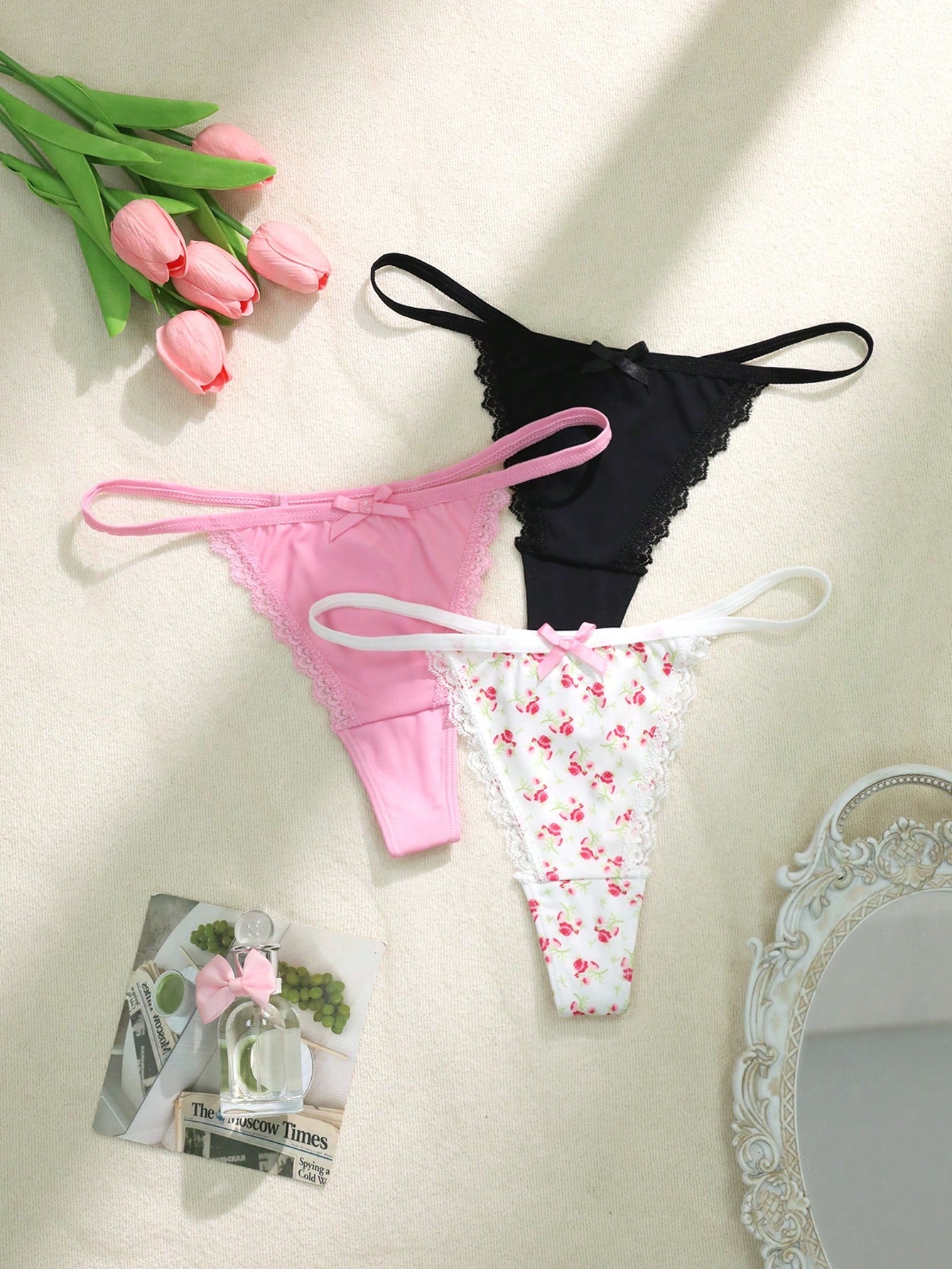 Snug Zone 3pcs/Set Women's Bow Lace Patchwork Floral Print Thong Panties