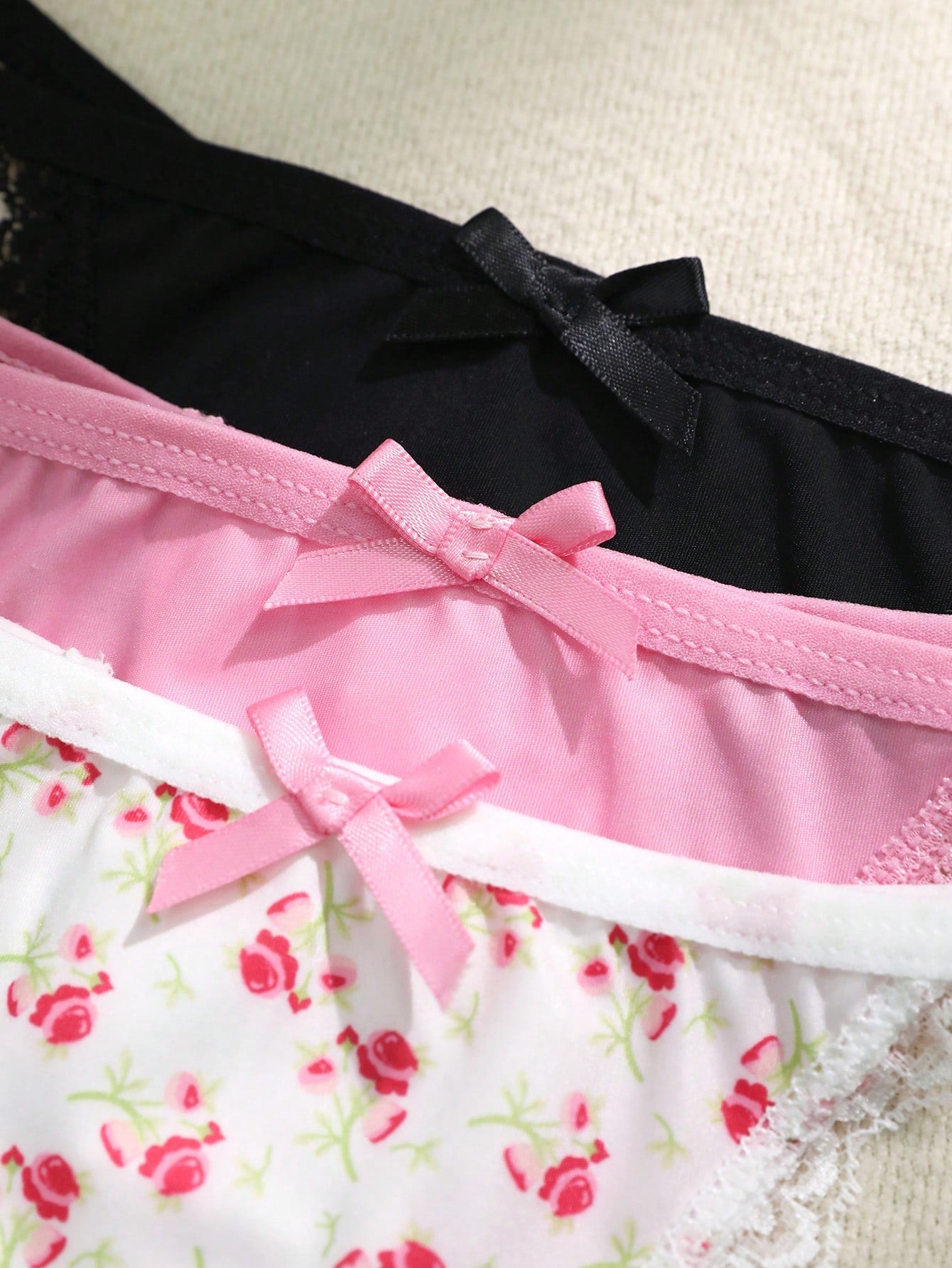 Snug Zone 3pcs/Set Women's Bow Lace Patchwork Floral Print Thong Panties