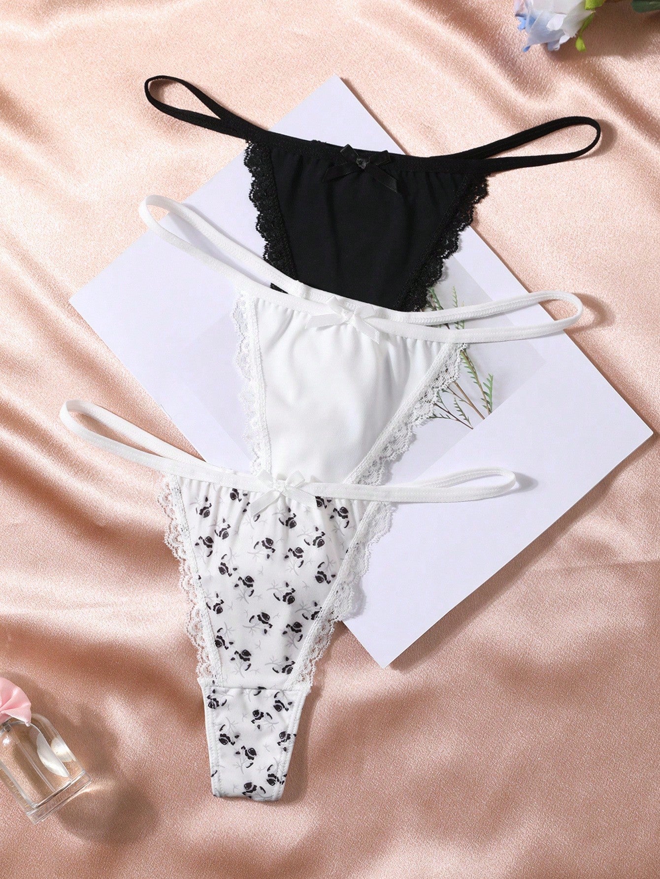Snug Zone 3pcs/Set Women's Bow Lace Patchwork Floral Print Thong Panties