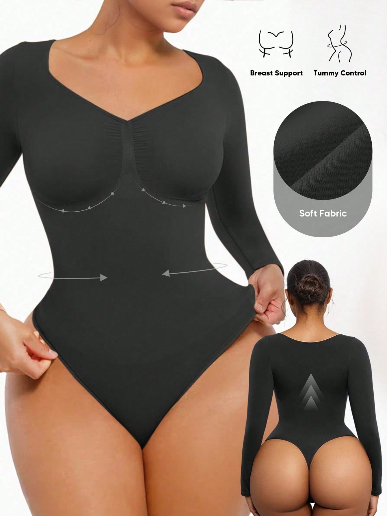 1pc Women Shapewear Long Sleeve Bodysuit With Waist Trainer And Breast Lift
