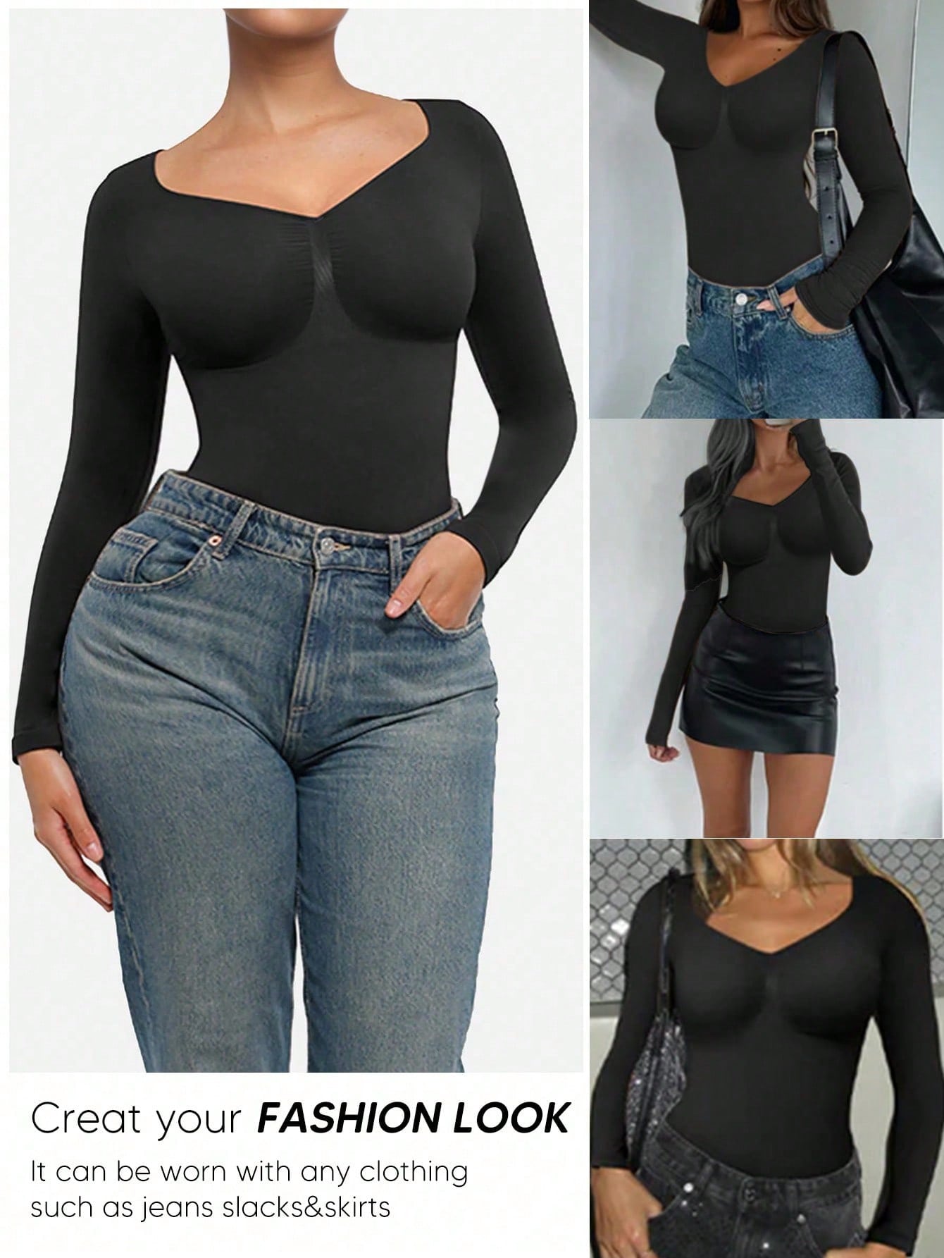 1pc Women Shapewear Long Sleeve Bodysuit With Waist Trainer And Breast Lift
