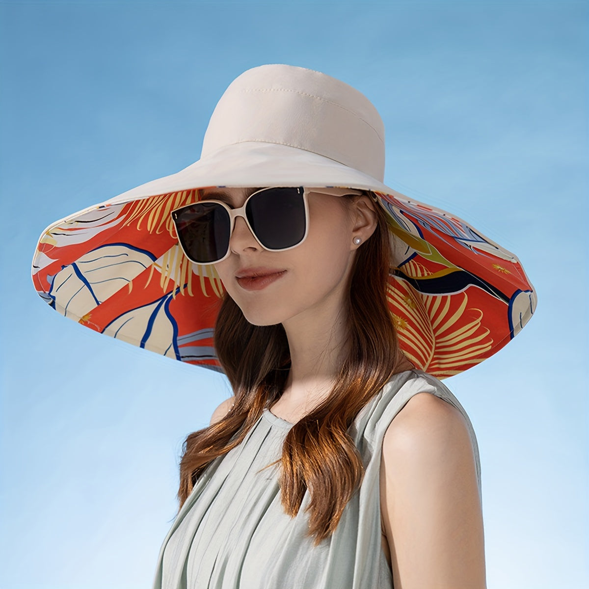 1pc Women's Reversible Wide Brim Sun Hat - Tropical Floral Design, Pink & Blue/Green Color Scheme, Breathable Polyester with Windproof Rope, Lightweight & Stylish for Beach, Outdoor, and Everyday Fashion
