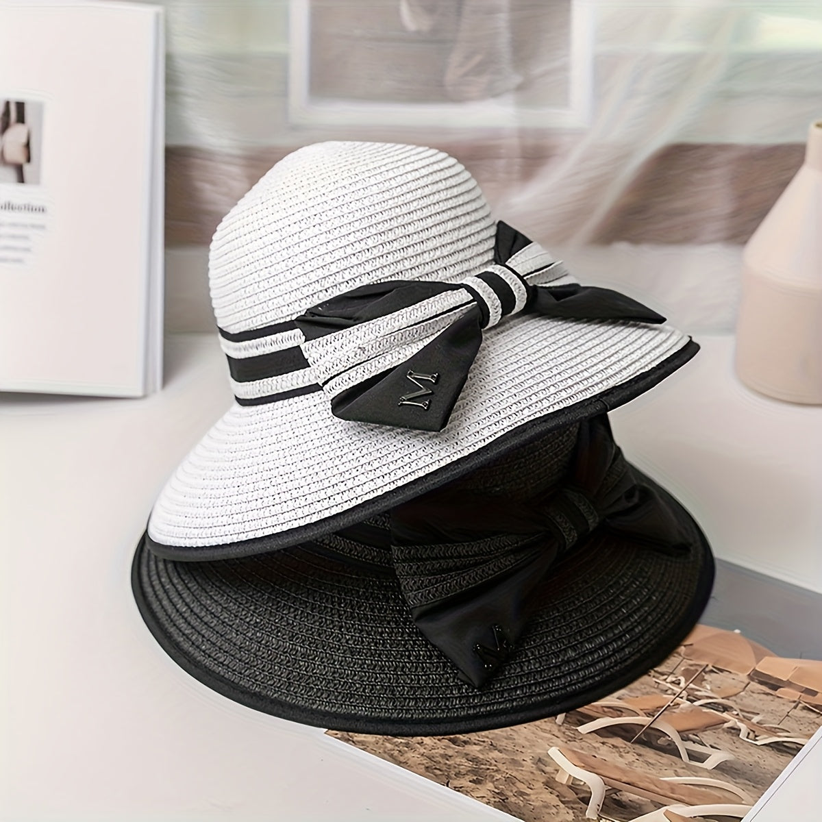 1pc Women'S Wide Brim Straw Sun Hat with Black Bow - Breathable Polyester, Elegant Striped Design, Perfect for Beach, Casual Outings & Sunny Days | Stylish Outdoor Accessory | Lightweight & Non-Feathere