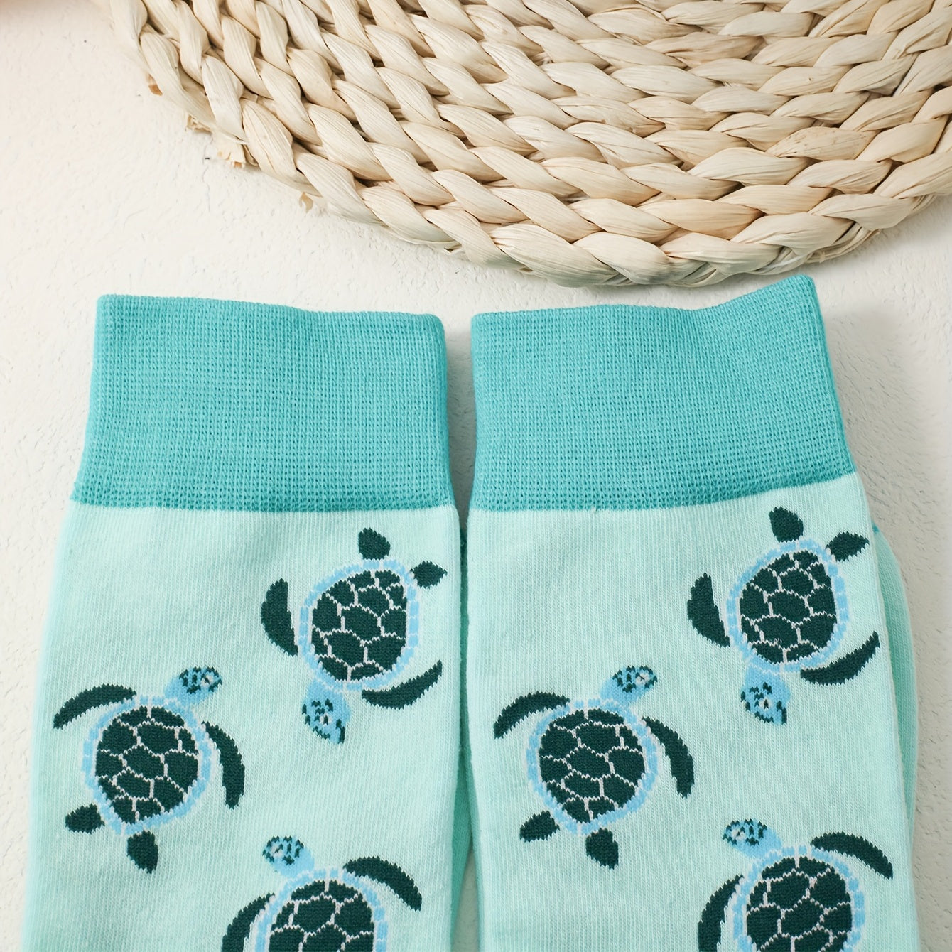 1 Pair Cartoon Turtle Mid-Calf Socks, Couple'S Trendy Casual Knit Polyester & Spandex Blend, Hand Washable, 280g/m² Fabric Weight