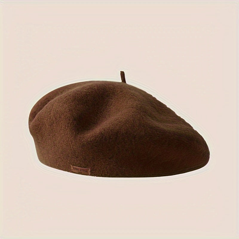 1pc Y2K Fashion 100% Pure Wool Beret for Women, Candy-Colored Artist Cap with Leather Badge and Satin Lining, Lightweight Knitted Non-Stretch, Hand Wash/Dry Clean, Versatile for Autumn and Winter