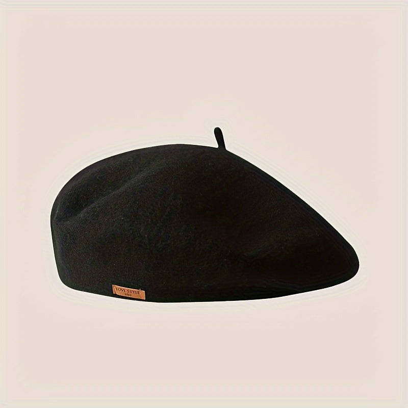 1pc Y2K Fashion 100% Pure Wool Beret for Women, Candy-Colored Artist Cap with Leather Badge and Satin Lining, Lightweight Knitted Non-Stretch, Hand Wash/Dry Clean, Versatile for Autumn and Winter
