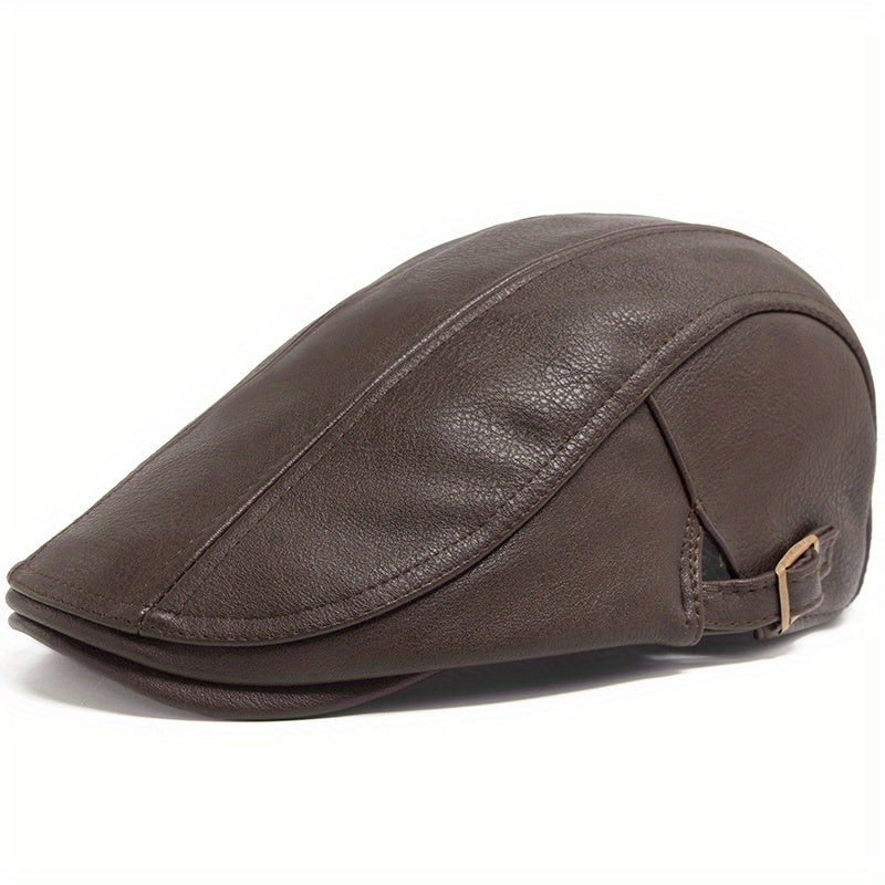 1pc PU Leather Flat Thicken Warm Vintage Beret for Men Autumn Winter, Ideal choice for Gifts