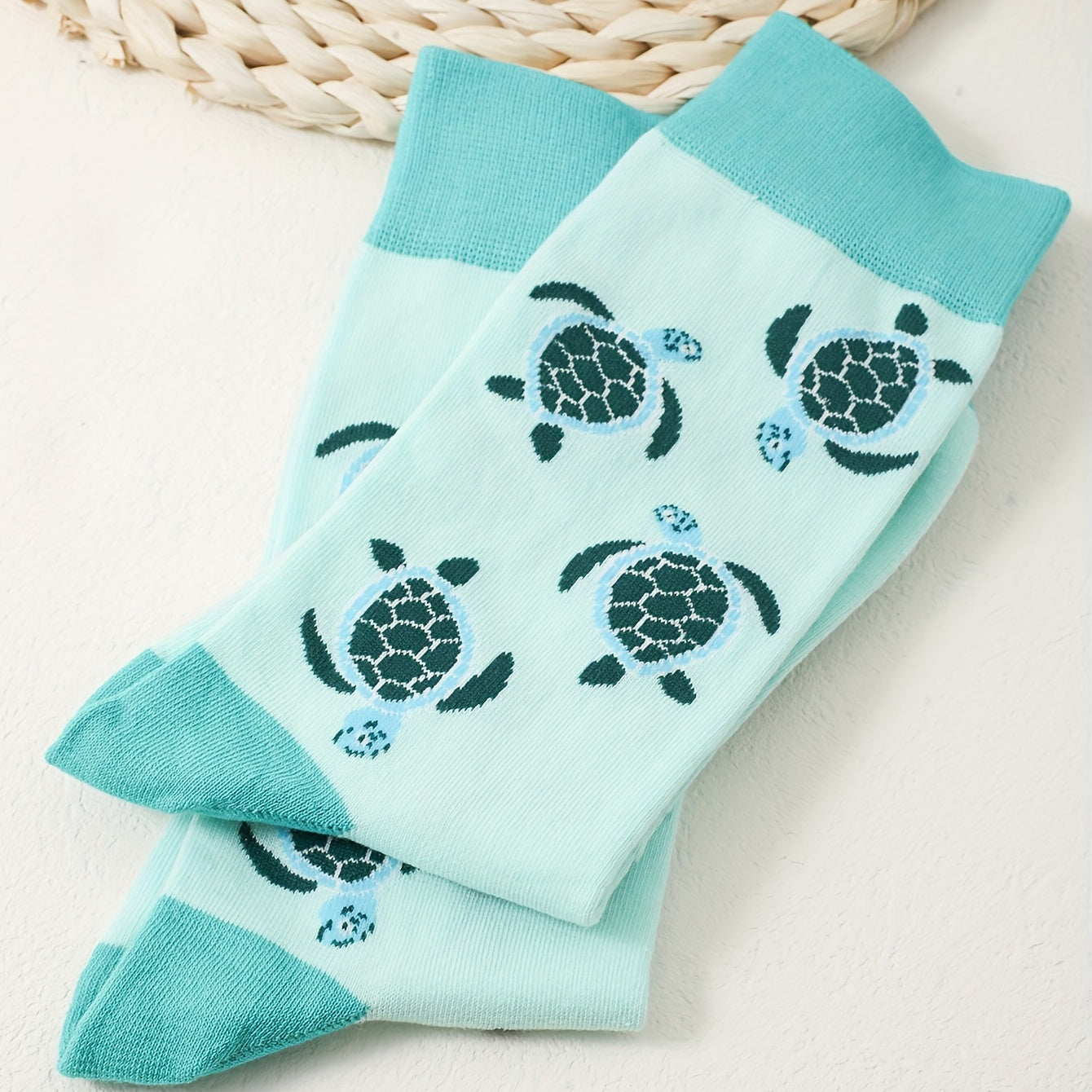 1 Pair Cartoon Turtle Mid-Calf Socks, Couple'S Trendy Casual Knit Polyester & Spandex Blend, Hand Washable, 280g/m² Fabric Weight