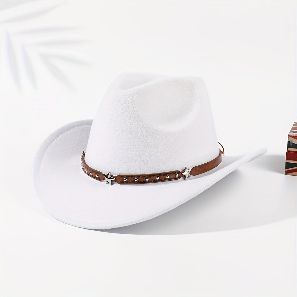 1pc Classic Wide Brim Cowboy Hat for Women, Unisex Western Hat with Star Belt Accessory, Polyester Fiber, Elastic, Lightweight, Felted Craftsmanship, No Feather, Party Cosplay Gift - Black Reinforced Hard Hat Support, Carnival/Mardi Gras/Masquerade