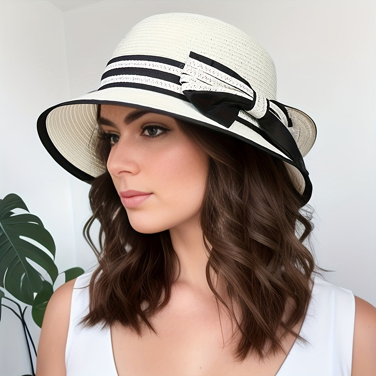 1pc Women'S Wide Brim Straw Sun Hat with Black Bow - Breathable Polyester, Elegant Striped Design, Perfect for Beach, Casual Outings & Sunny Days | Stylish Outdoor Accessory | Lightweight & Non-Feathere