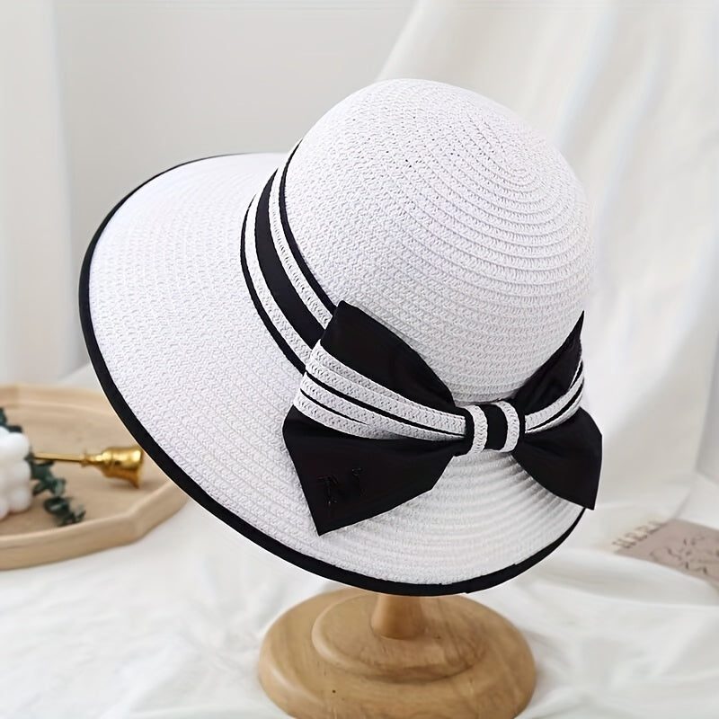 1pc Women'S Wide Brim Straw Sun Hat with Black Bow - Breathable Polyester, Elegant Striped Design, Perfect for Beach, Casual Outings & Sunny Days | Stylish Outdoor Accessory | Lightweight & Non-Feathere