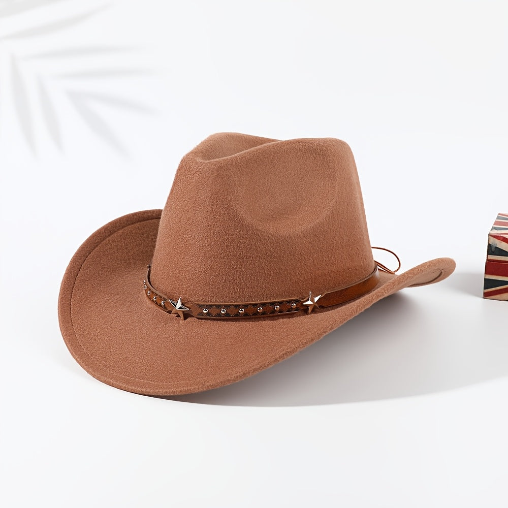 1pc Classic Wide Brim Cowboy Hat for Women, Unisex Western Hat with Star Belt Accessory, Polyester Fiber, Elastic, Lightweight, Felted Craftsmanship, No Feather, Party Cosplay Gift - Black Reinforced Hard Hat Support, Carnival/Mardi Gras/Masquerade