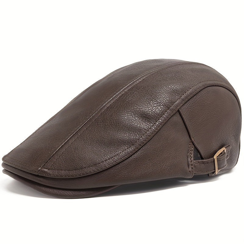 1pc PU Leather Flat Thicken Warm Vintage Beret for Men Autumn Winter, Ideal choice for Gifts