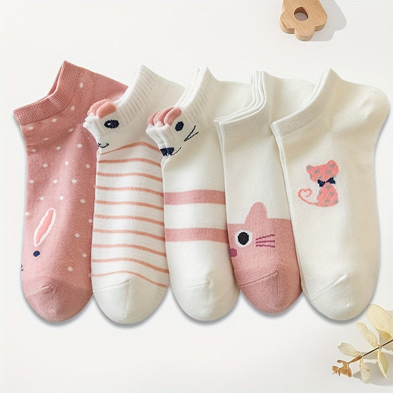 10 Pairs Cartoon Cat Pattern Sports Socks, Cute Comfy & Breathable Low Cut Short Socks, Women's Stockings & Hosiery