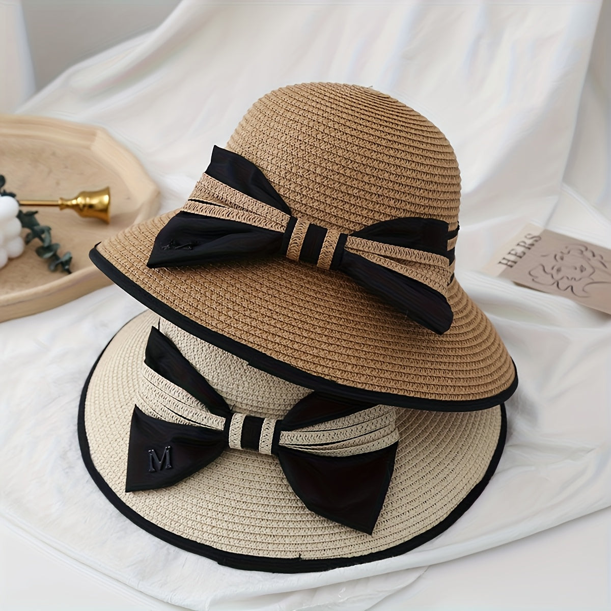 1pc Women'S Wide Brim Straw Sun Hat with Black Bow - Breathable Polyester, Elegant Striped Design, Perfect for Beach, Casual Outings & Sunny Days | Stylish Outdoor Accessory | Lightweight & Non-Feathere