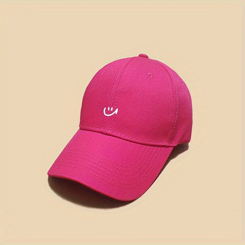 1pc Women's Adjustable Baseball Cap with joyful Face Print - Lightweight, Breathable Polyester, Black with White Stitching, Perfect for Outdoor Sports & Casual Wear