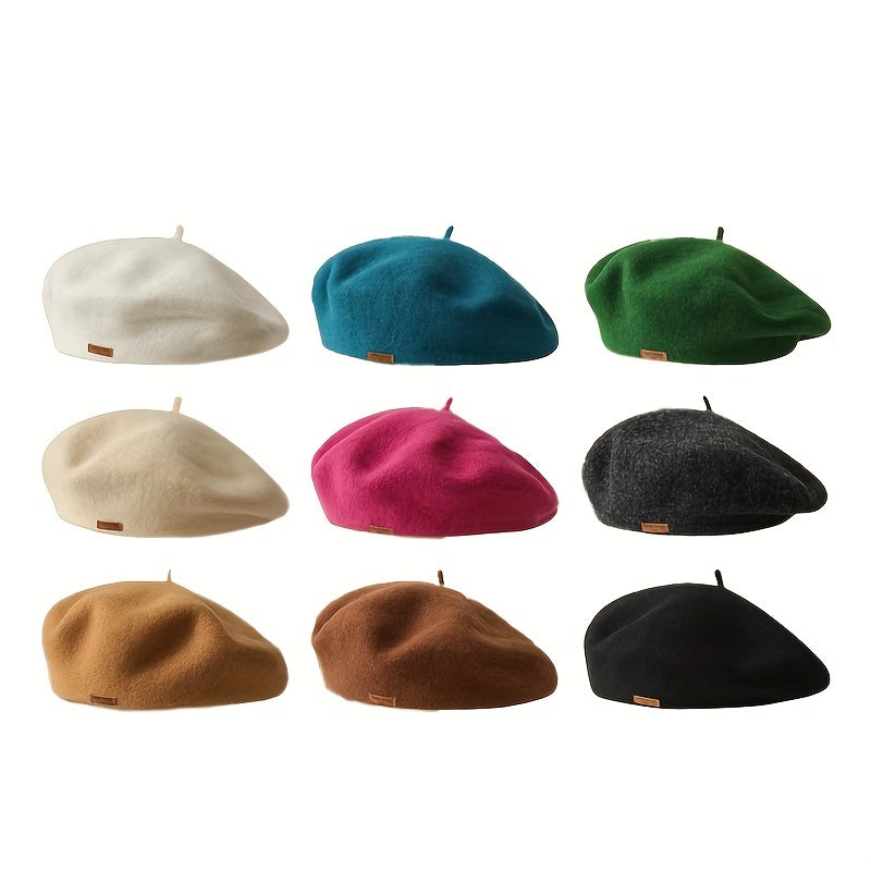 1pc Y2K Fashion 100% Pure Wool Beret for Women, Candy-Colored Artist Cap with Leather Badge and Satin Lining, Lightweight Knitted Non-Stretch, Hand Wash/Dry Clean, Versatile for Autumn and Winter