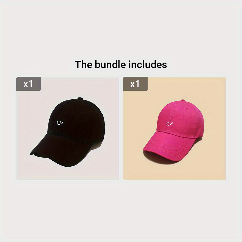 1pc Women's Adjustable Baseball Cap with joyful Face Print - Lightweight, Breathable Polyester, Black with White Stitching, Perfect for Outdoor Sports & Casual Wear