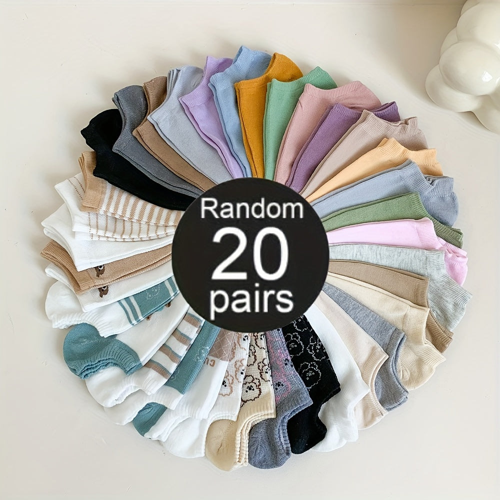 20 Pairs of Random Cartoon Pattern Cute Women's Socks, Soft, Sweat-Absorbent, Breathable