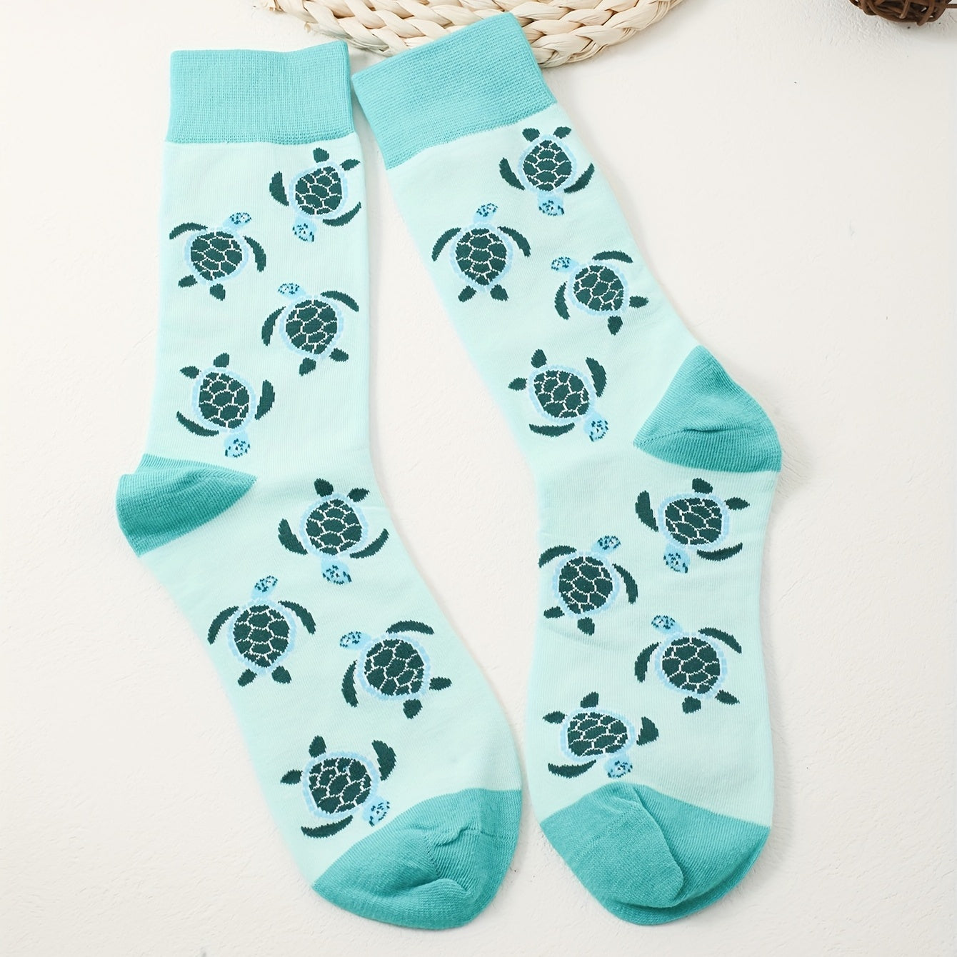 1 Pair Cartoon Turtle Mid-Calf Socks, Couple'S Trendy Casual Knit Polyester & Spandex Blend, Hand Washable, 280g/m² Fabric Weight