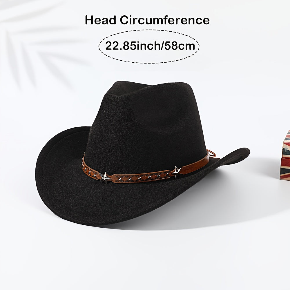 1pc Classic Wide Brim Cowboy Hat for Women, Unisex Western Hat with Star Belt Accessory, Polyester Fiber, Elastic, Lightweight, Felted Craftsmanship, No Feather, Party Cosplay Gift - Black Reinforced Hard Hat Support, Carnival/Mardi Gras/Masquerade