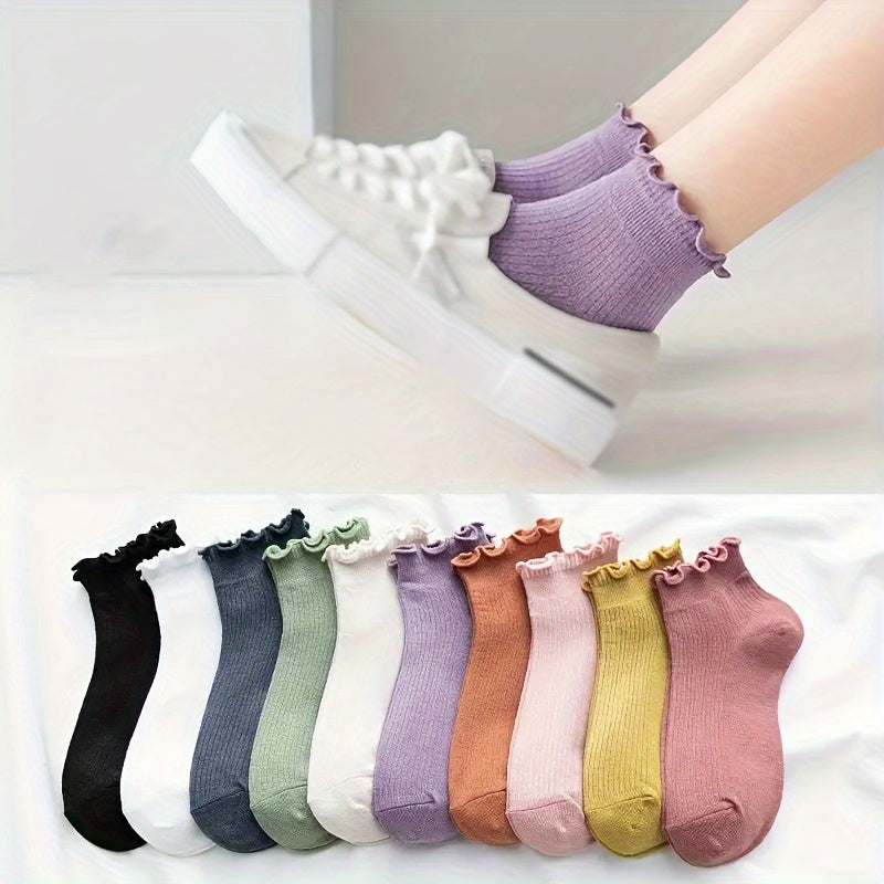 10 Pairs Comfortable Cute Ankle Socks - Women's Lettuce Trim, Solid Color Knit Polyester Blend Fabric (95% Polyester, 5% Elastane), Machine Washable - 296 gsm