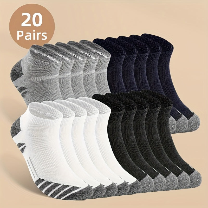 10 Or 20 Pairs Men'S Low-Cut Socks - Moisture-Wicking Breathable Athletic & Everyday Socks, All-Season Comfort, Multi-Color Pack (Grey/Black/White/ Navy/Charcoal) - Ideal for Gym, Office, Travel - Easy Care, Office Wear, Classic Design, Durable Constructi
