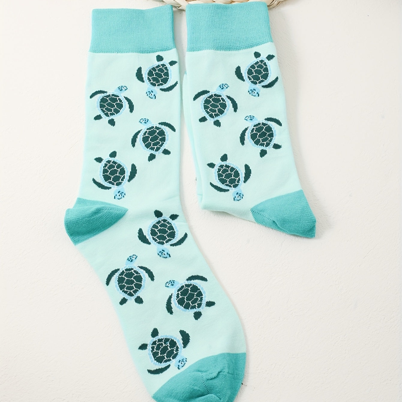 1 Pair Cartoon Turtle Mid-Calf Socks, Couple'S Trendy Casual Knit Polyester & Spandex Blend, Hand Washable, 280g/m² Fabric Weight