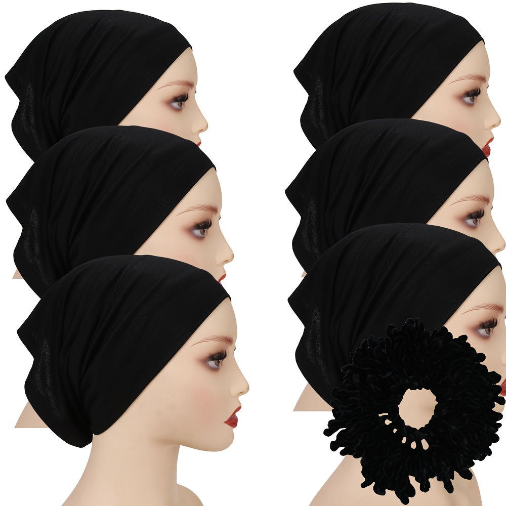6 Wide-Brimmed Base Hats + 1 Hair Band, Muslim Women'S Headscarf, Non-Pilling And Non-Fading Polyester Breathable Headgear, Large Elastic And Durable All-Season Versatile Tube Hat