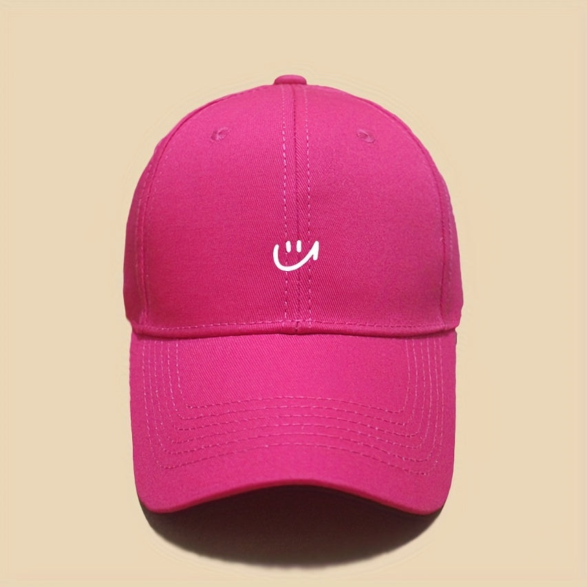 1pc Women's Adjustable Baseball Cap with joyful Face Print - Lightweight, Breathable Polyester, Black with White Stitching, Perfect for Outdoor Sports & Casual Wear