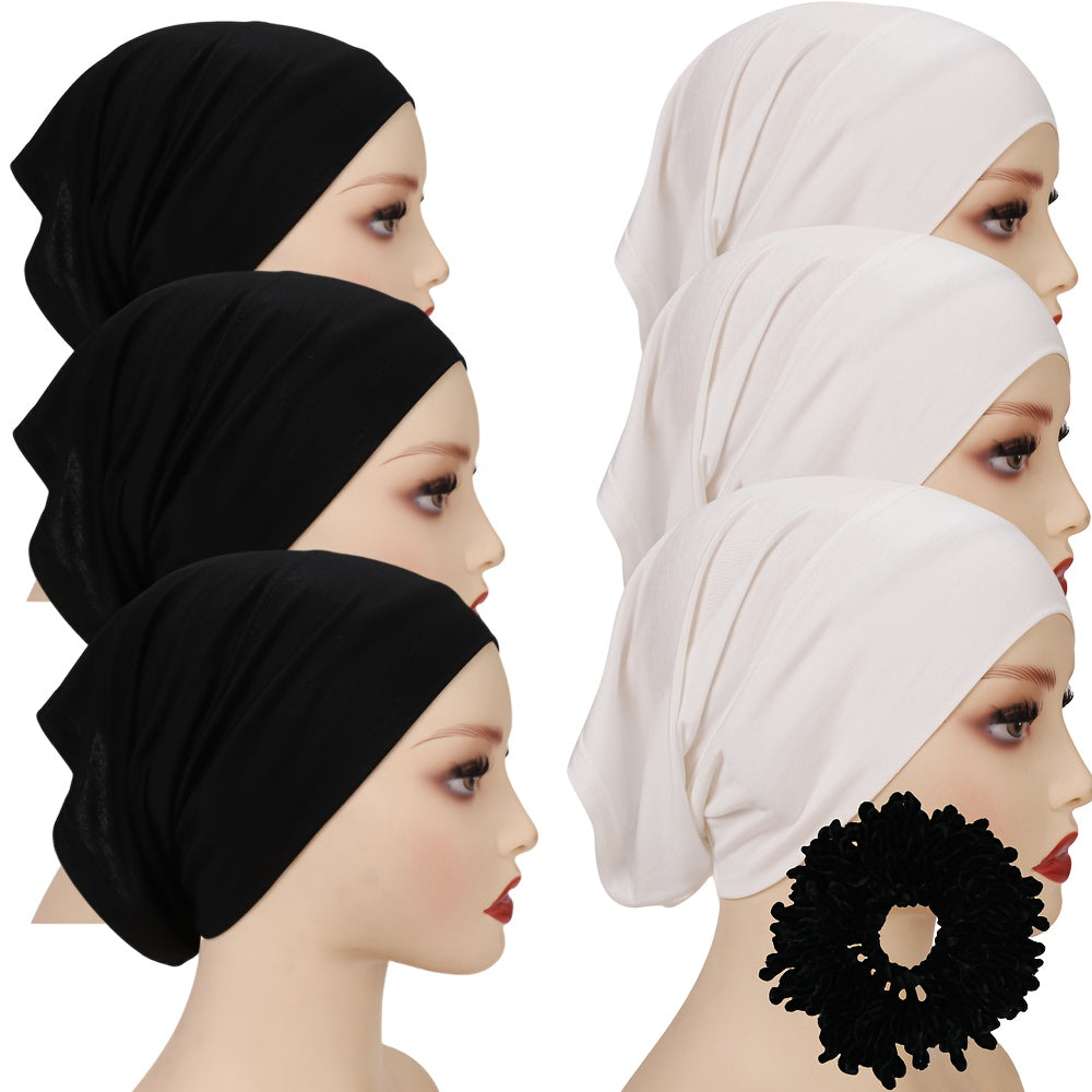 6 Wide-Brimmed Base Hats + 1 Hair Band, Muslim Women'S Headscarf, Non-Pilling And Non-Fading Polyester Breathable Headgear, Large Elastic And Durable All-Season Versatile Tube Hat