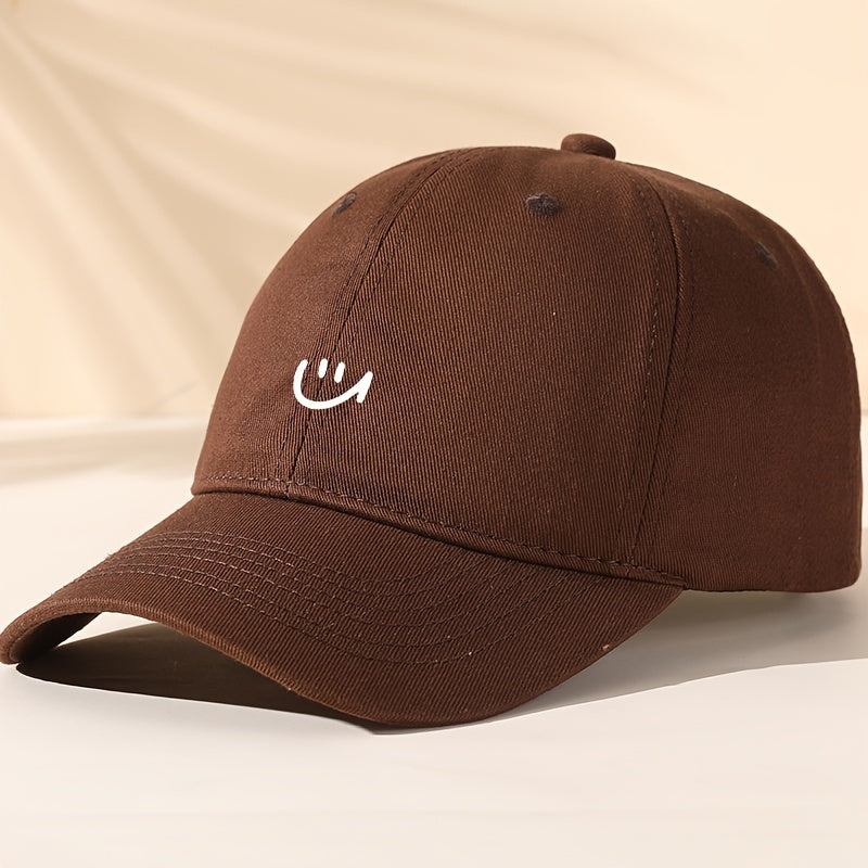 1pc Women's Adjustable Baseball Cap with joyful Face Print - Lightweight, Breathable Polyester, Black with White Stitching, Perfect for Outdoor Sports & Casual Wear