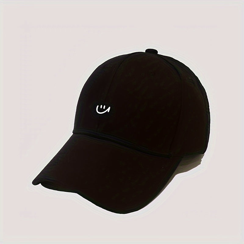 1pc Women's Adjustable Baseball Cap with joyful Face Print - Lightweight, Breathable Polyester, Black with White Stitching, Perfect for Outdoor Sports & Casual Wear
