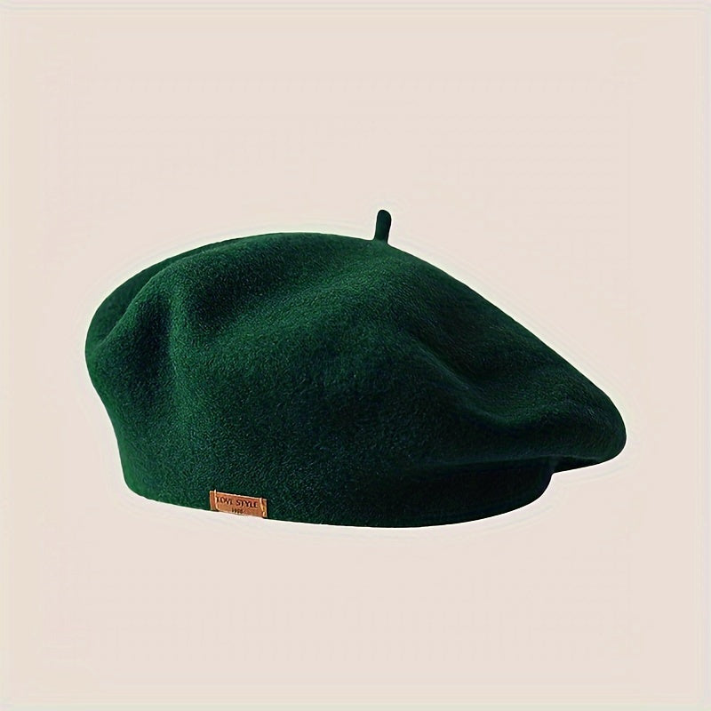 1pc Y2K Fashion 100% Pure Wool Beret for Women, Candy-Colored Artist Cap with Leather Badge and Satin Lining, Lightweight Knitted Non-Stretch, Hand Wash/Dry Clean, Versatile for Autumn and Winter