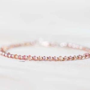 Dainty Peach Sapphire Bracelet with Rose Gold Fill or Sterling Silver, Peach Sapphire Jewelry