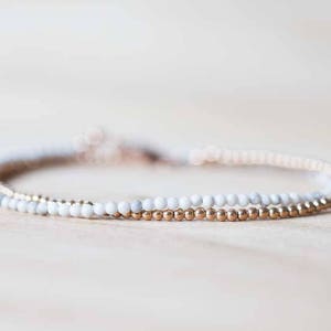 White Howlite Bracelet with Rose Gold Fill or Sterling Silver, Delicate Double Wrap White Gemstone Bracelet, Howlite Jewelry