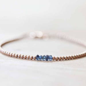 Ultra Dainty Rose Gold Fill Beaded Bracelet with Sapphire, Skinny Beaded Stacking Bracelet, Pink Gold Fill Jewelry