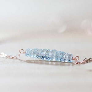 Aquamarine Bar Necklace on Rose Gold Filled, Oxidized Sterling or Sterling Silver Chain, Delicate Aquamarine Jewelry, Blue Gemstone